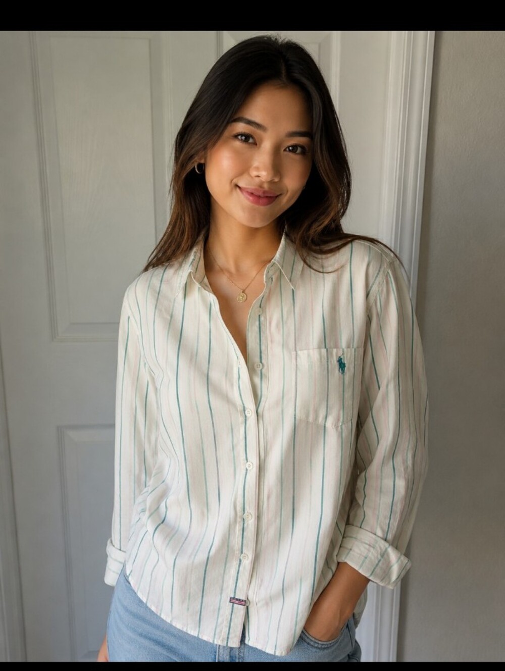 U.S. Polo Assn. White Shirt with Green Stripe - Classic Button-Down XL